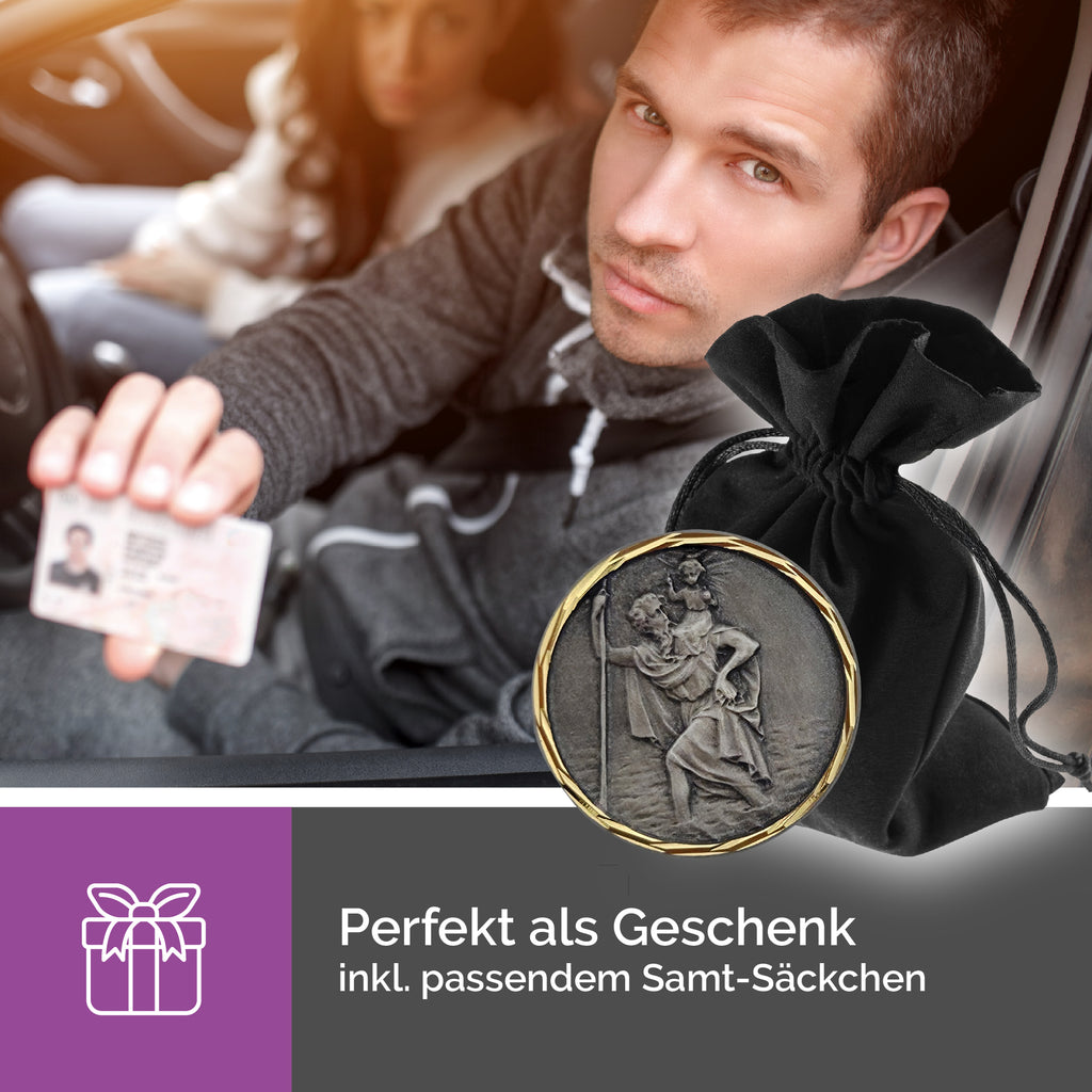 christophorus plakette Ø 2,5 cm dunkelgrau goldrand magnet für auto