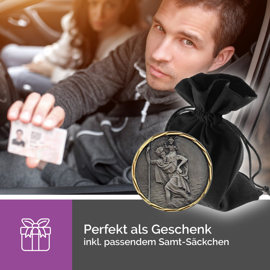 Médaille saint Christophe Ø 2,5 cm gris foncé, bordure dorée, aimantée, pour la voiture