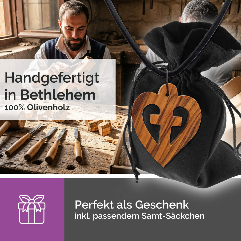 gesegnete halskette herz kreuz olivenholz christliches schmuckstück