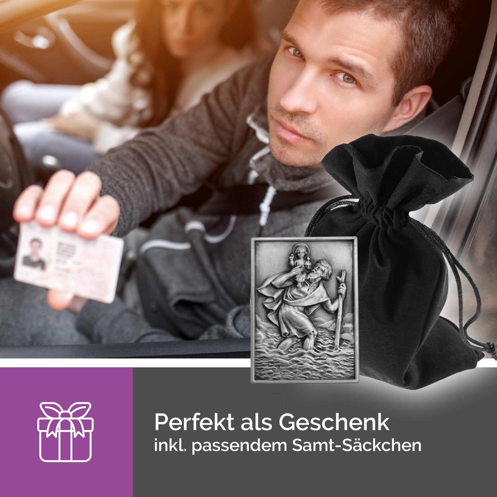 christophorus plakette rechteckig 3,5x2,5 cm silberoptik im auto magnetisch