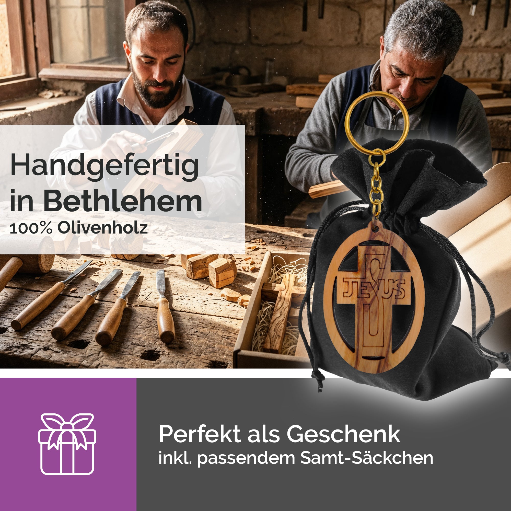 jesus schlüsselanhänger olivenholz samtsäckchen geschenk taufe kommunion