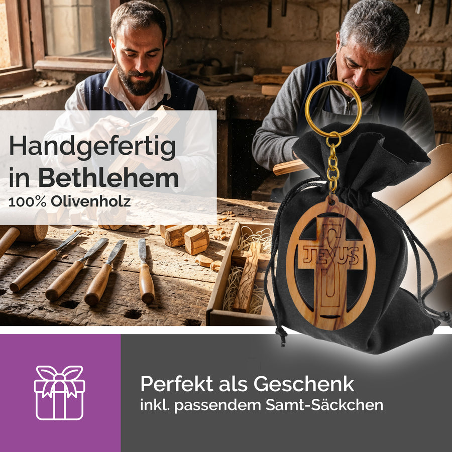 Porte-clés Jésus en bois d'olivier avec pochette en velours, cadeau de baptême ou de communion