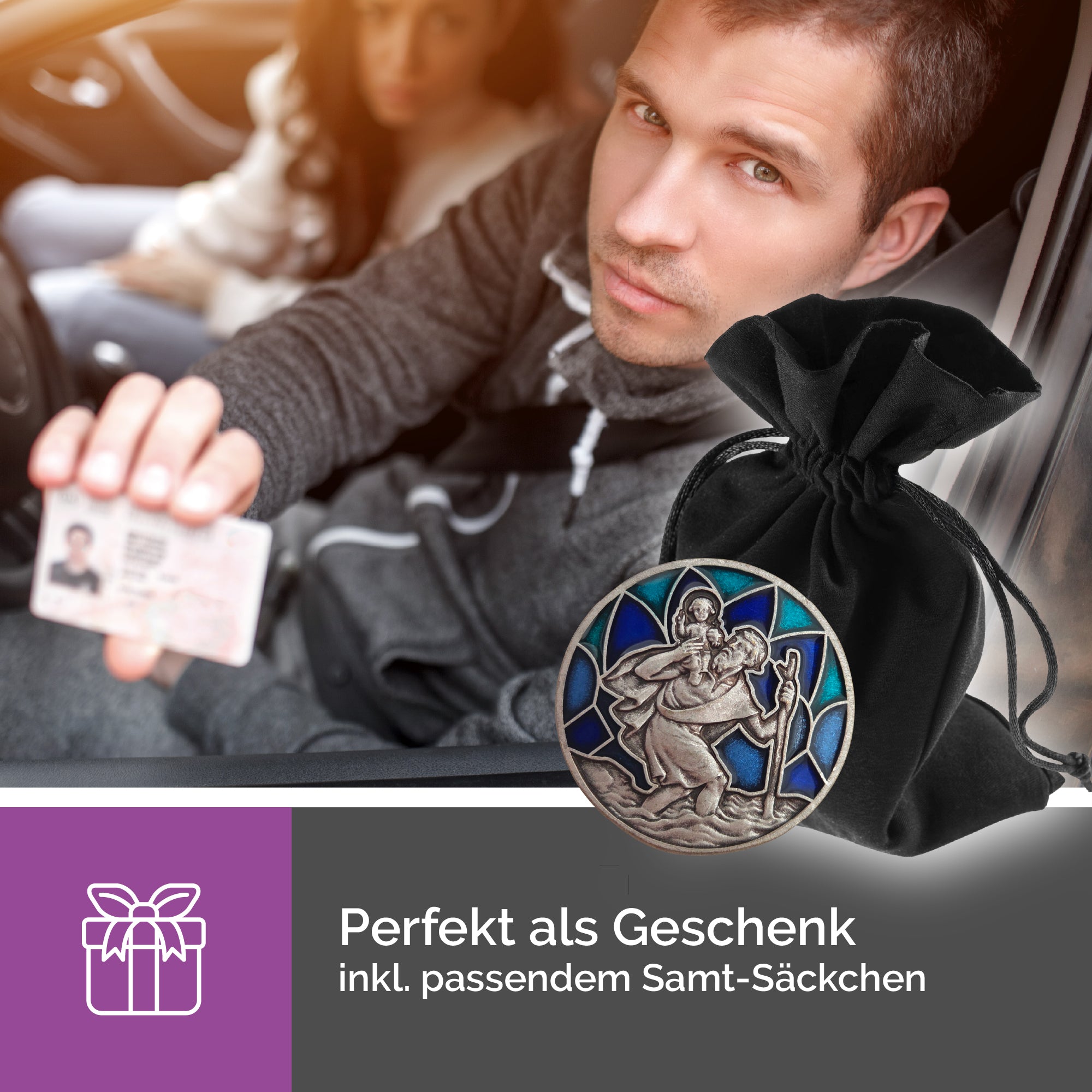 christophorus medaille Ø 3 cm farbig emaille im samtbeutel geschenkidee für taufe kommunion führerschein reise