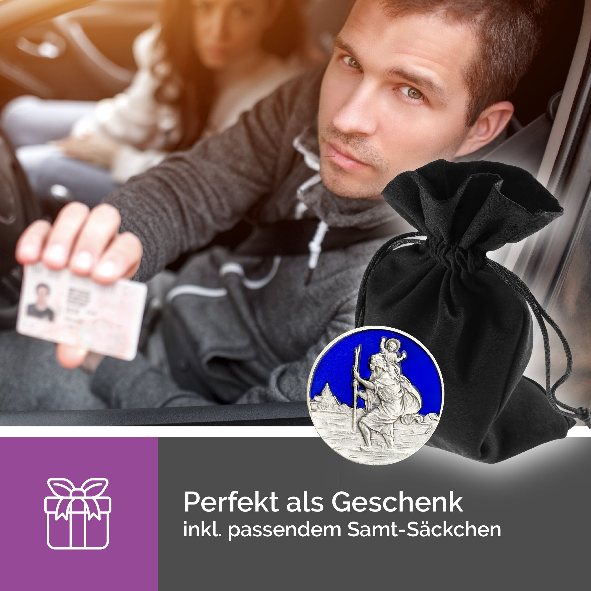 christophorus medaille blau Ø 3,5 cm im samtbeutel geschenkidee zur taufe kommunion führerschein oder reise