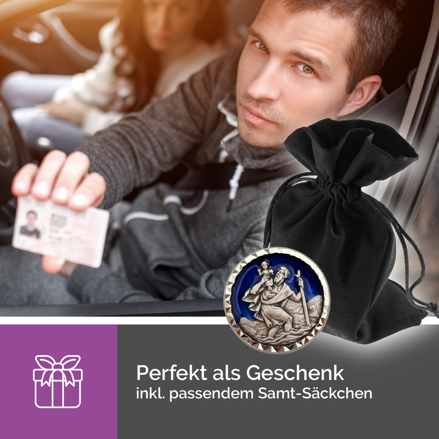 Médaille saint Christophe Ø 2,3 cm en émail bleu, bordure argentée, avec pochette en velours et certificat