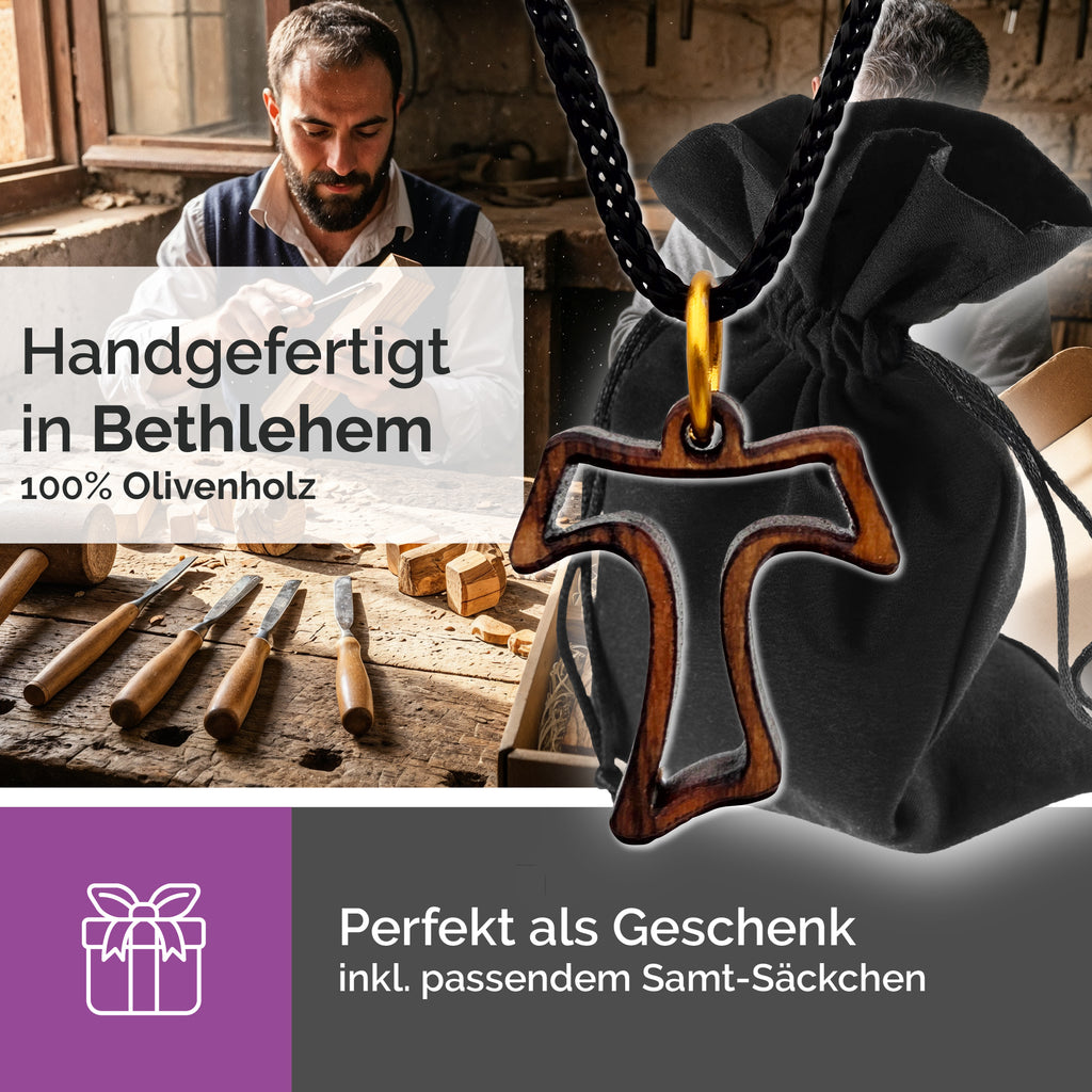religiöse halskette offenes tau kreuz olivenholz gesegnet