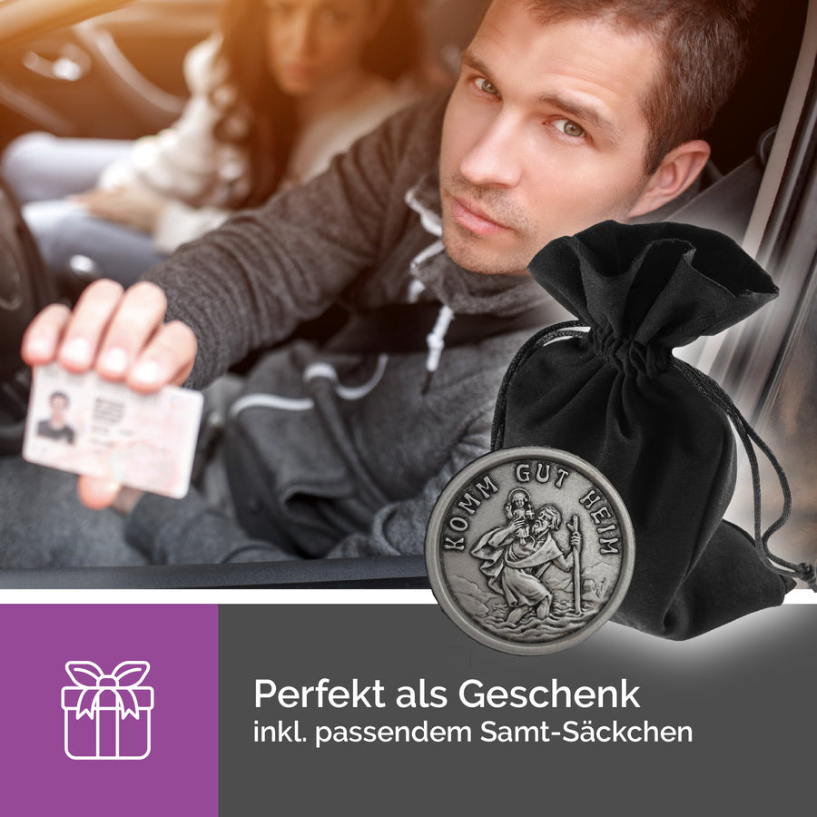 Médaille aimantée saint Christophe Ø 3 cm « Komm gut heim », avec certificat et pochette en velours, compagnon de voyage