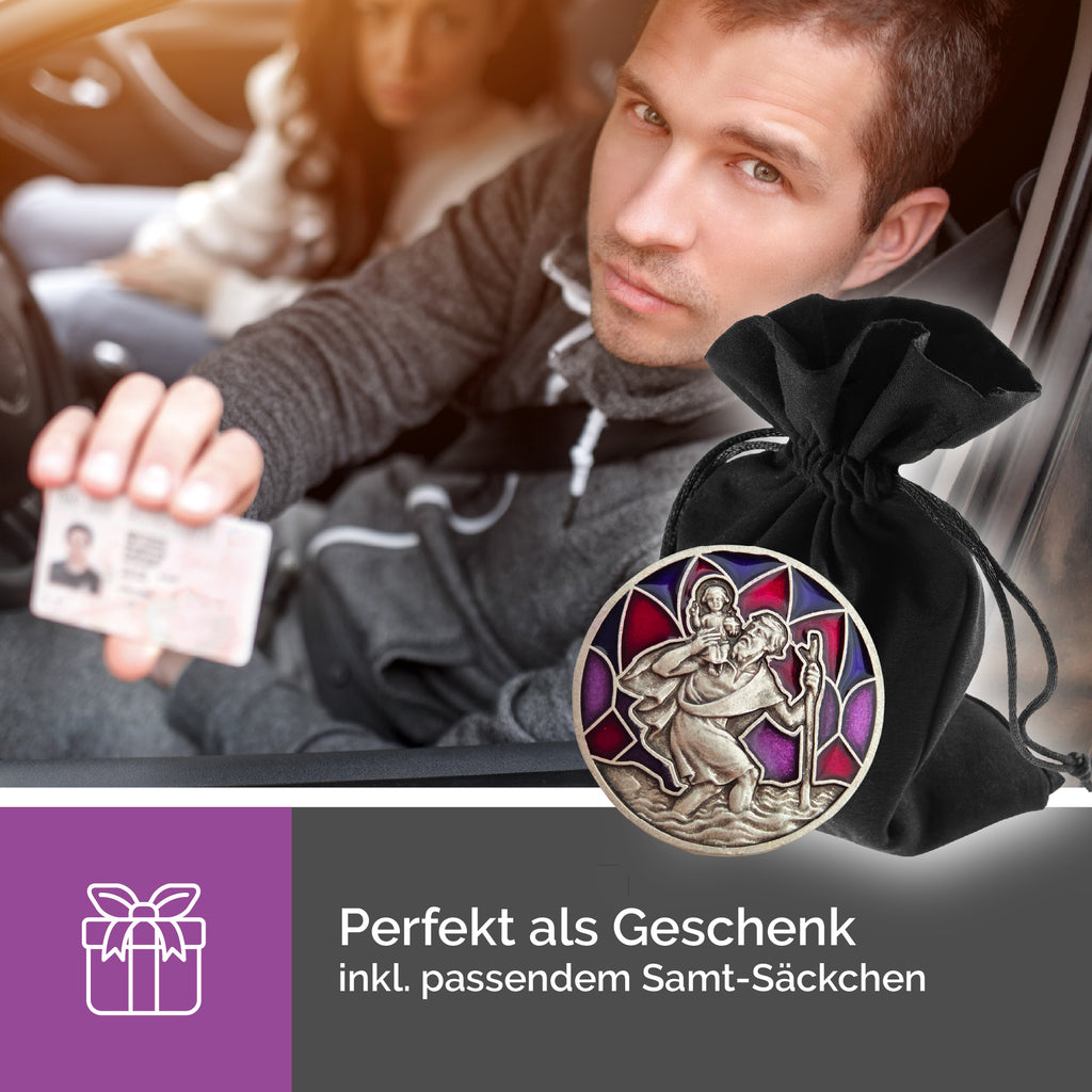 christophorus medaille Ø 3 cm rot violett emaille im samtbeutel geschenkidee für taufe kommunion führerschein
