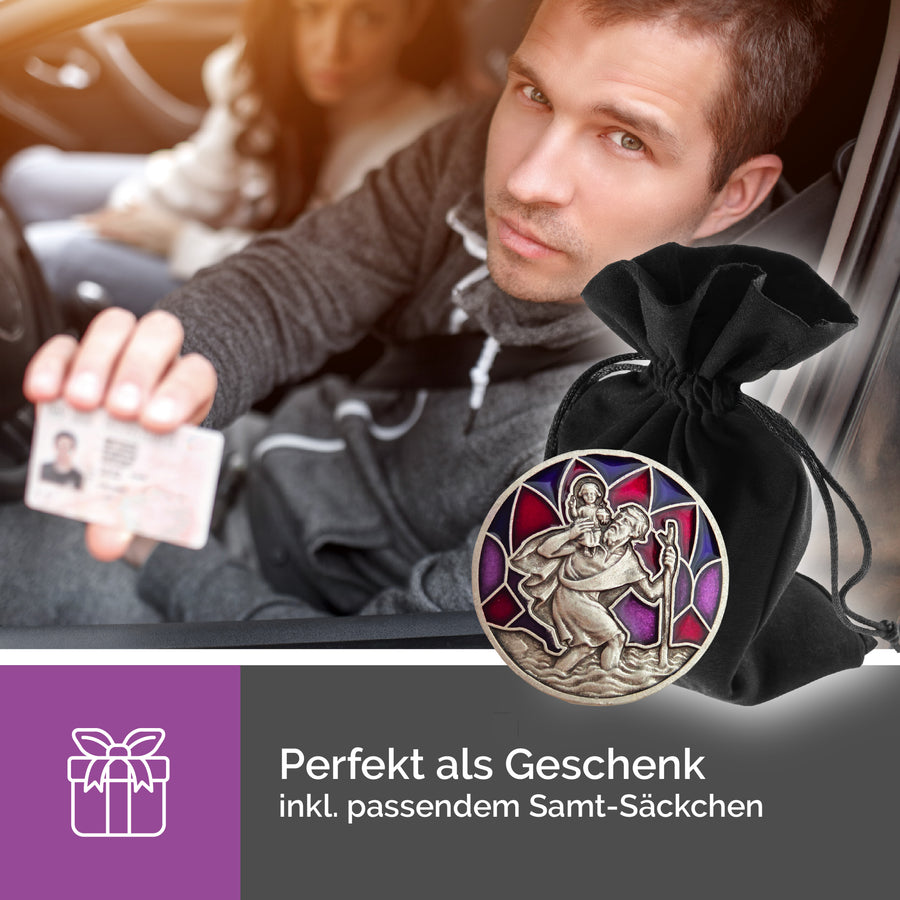 Médaille saint Christophe Ø 3 cm en émail rouge et violet dans une pochette en velours, idée cadeau pour un baptême, une communion ou le permis de conduire