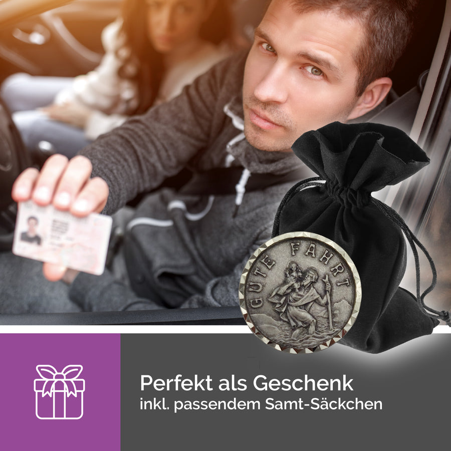 Médaille aimantée saint Christophe argentée Ø 3 cm, accessoire religieux pour la voiture, avec certificat