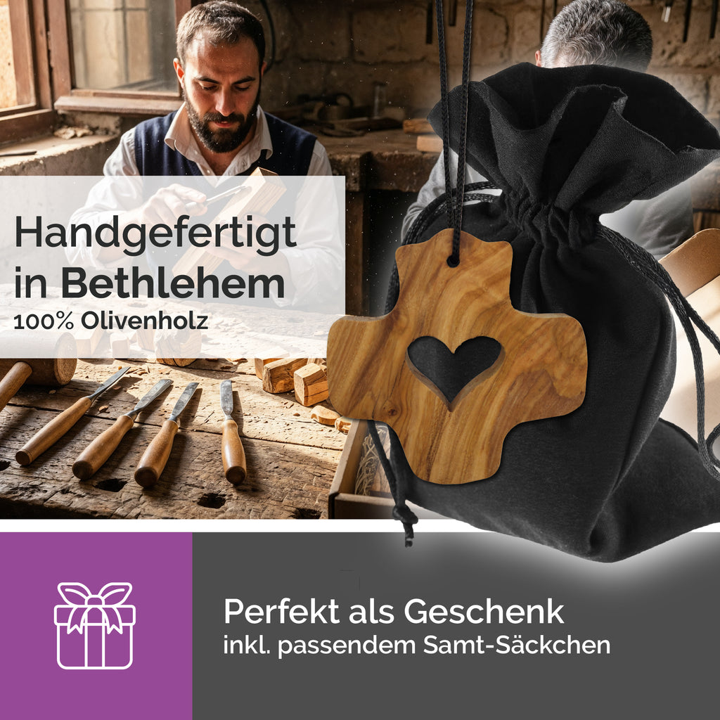 halskette kreuz mit herz olivenholz religiöses schmuckstück taufe