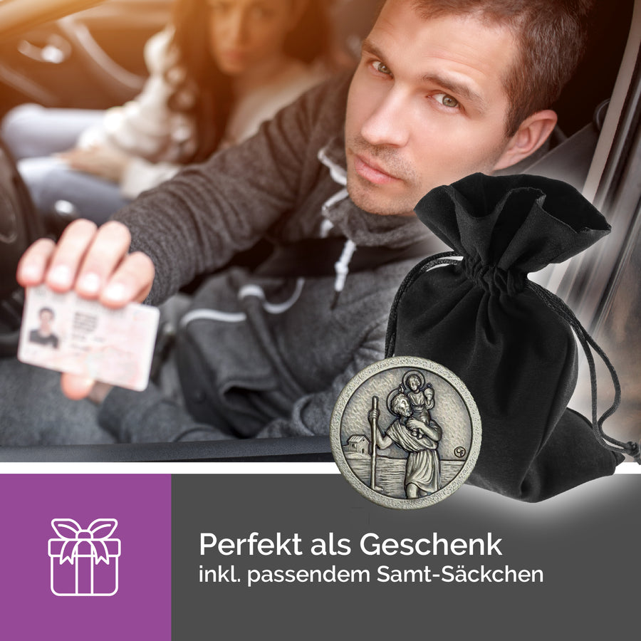 Médaille saint Christophe Ø 2,3 cm dans une pochette en velours, idée cadeau pour un baptême, une communion, le permis de conduire ou un compagnon de voyage