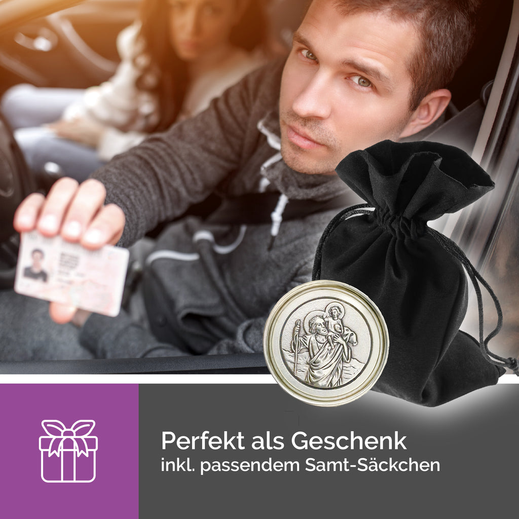 Christophorus Auto Plakette Ø 3,0 cm – Mit Magnet & Samtsäckchen