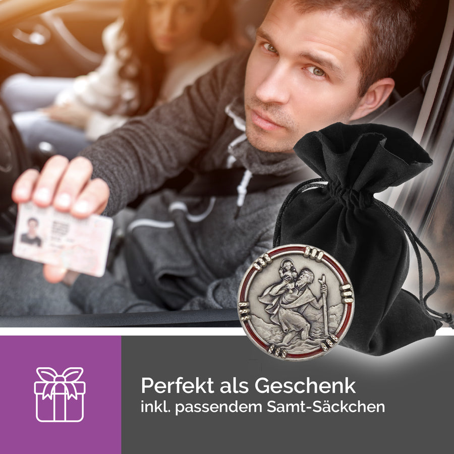 Médaille aimantée saint Christophe rouge Ø 2,5 cm, accessoire religieux pour la voiture, avec certificat