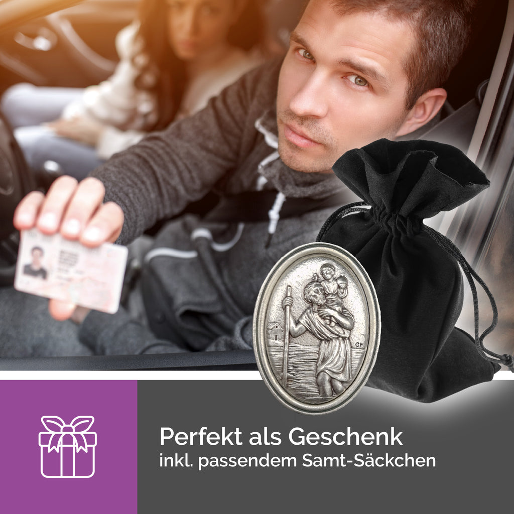 christophorus medaille oval 4,8x2,8 cm im samtbeutel geschenkidee für taufe kommunion führerschein oder reise