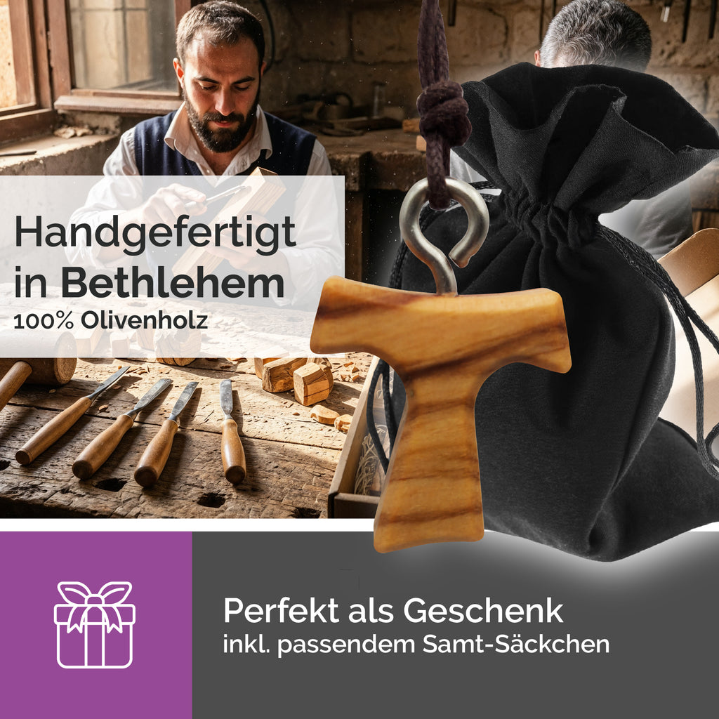 religiöse halskette tau kreuz olivenholz gesegnet zertifikat