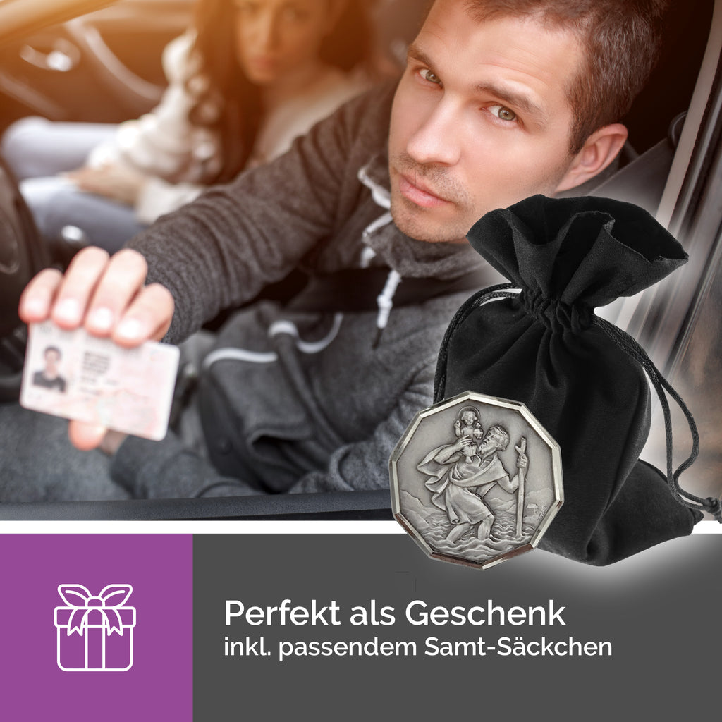 christophorus medaille achteckig ø 3 cm silberner rand magnet auto reisebegleiter