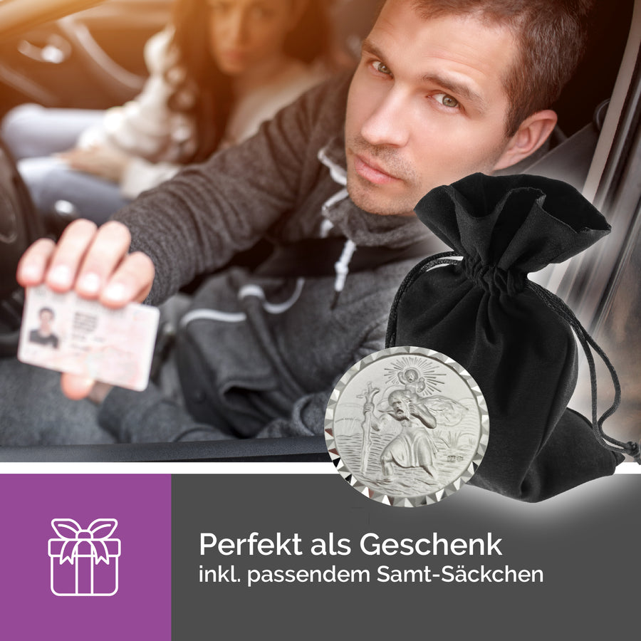 Médaille saint Christophe en argent Ø 3 cm, bénite, dans une pochette en velours, idée cadeau pour un baptême, une communion, le permis de conduire ou un voyage