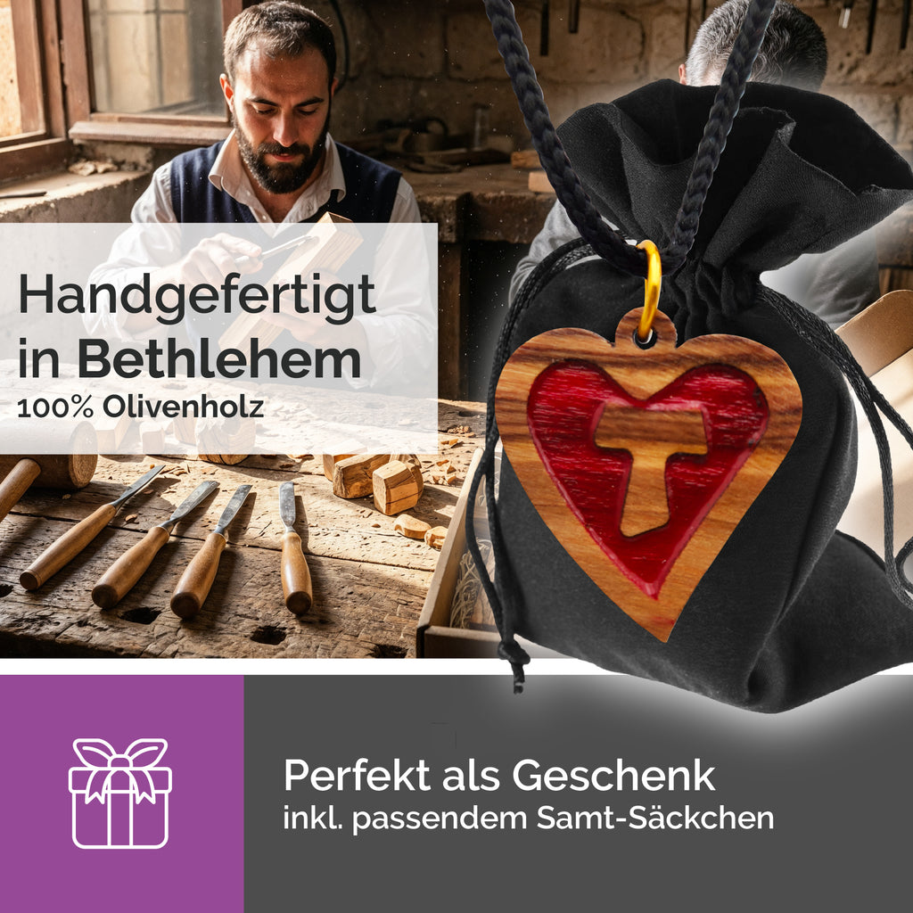 religiöse halskette herz mit tau kreuz olivenholz gesegnet