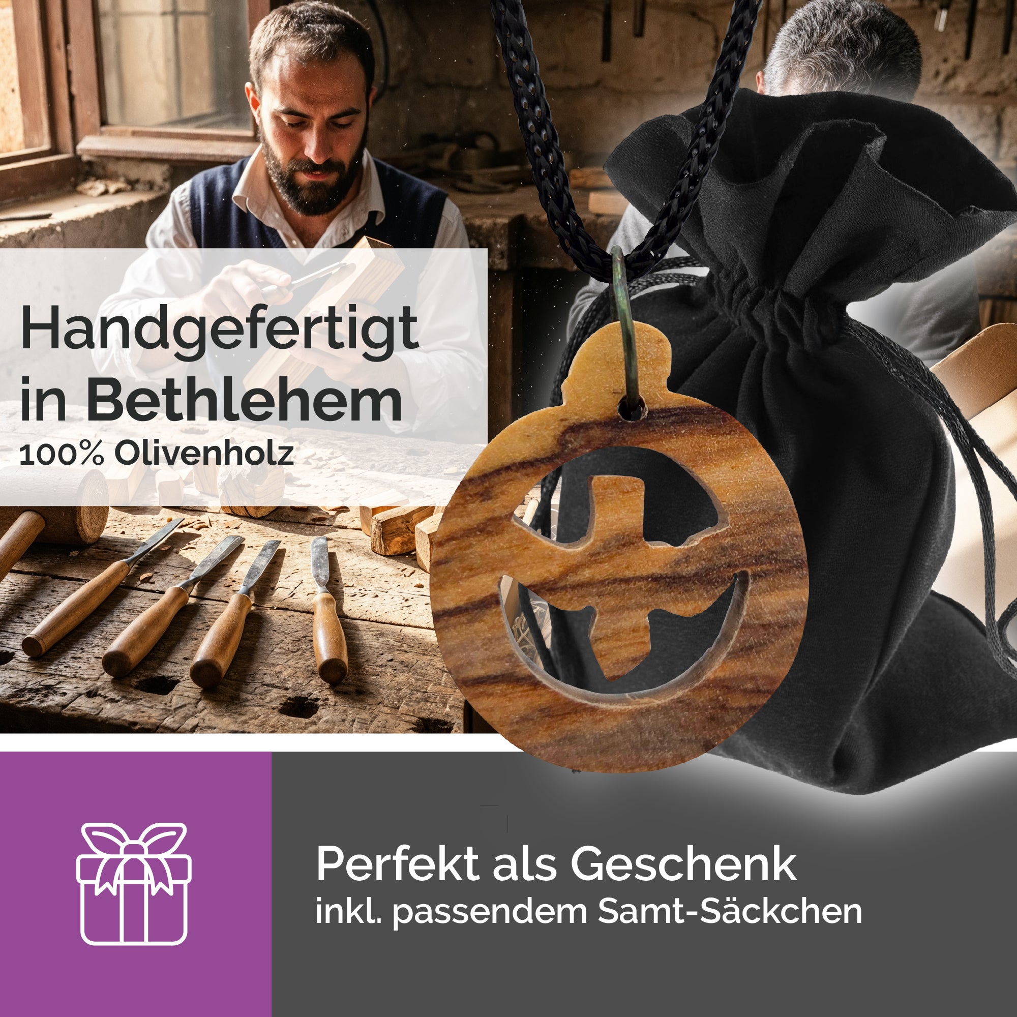 religiöse halskette taube aus olivenholz gesegnet zertifikat