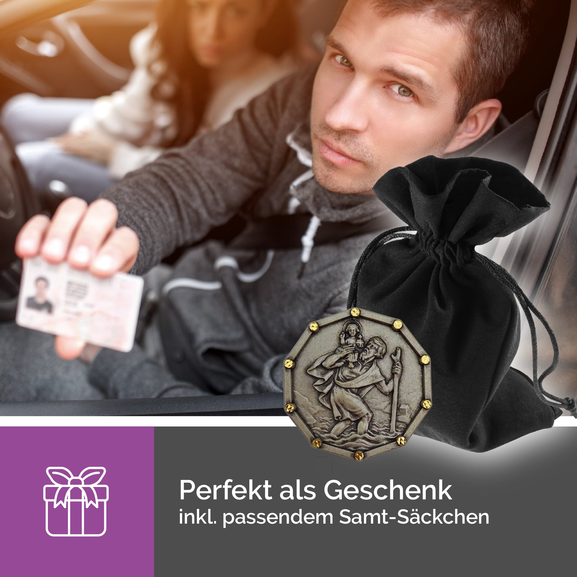 Christophorus Medaille Ø 3 cm achteckig mit goldfarbenen Ziernieten & mit Samtbeutel