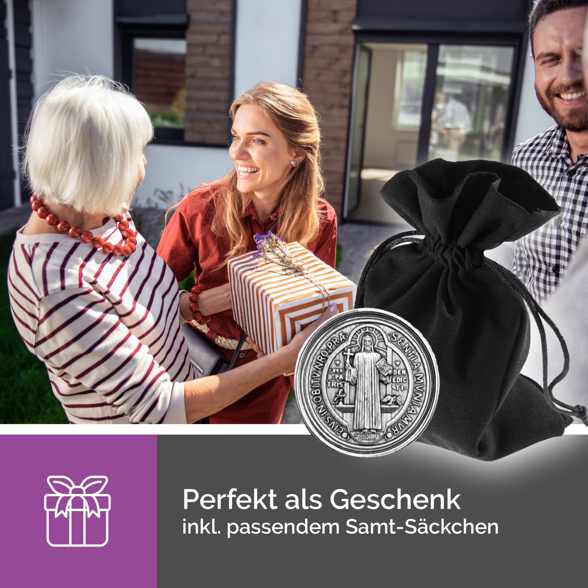 gesegnete benediktus magnetplakette silber im samtbeutel als geschenk zur taufe kommunion oder führerscheinprüfung