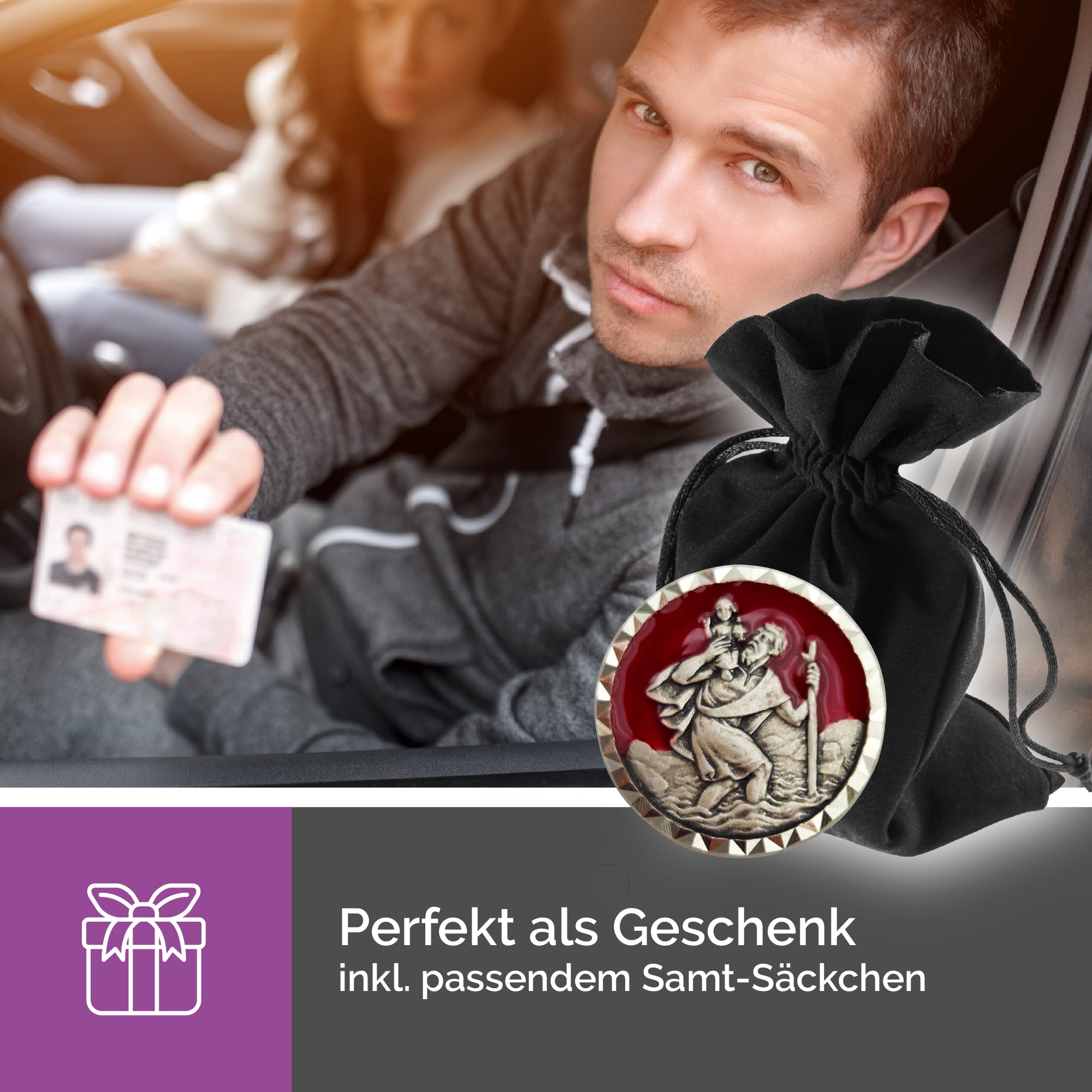 christophorus medaille ø 2,3 cm rot emaille silberrand samtbeutel und zertifikat