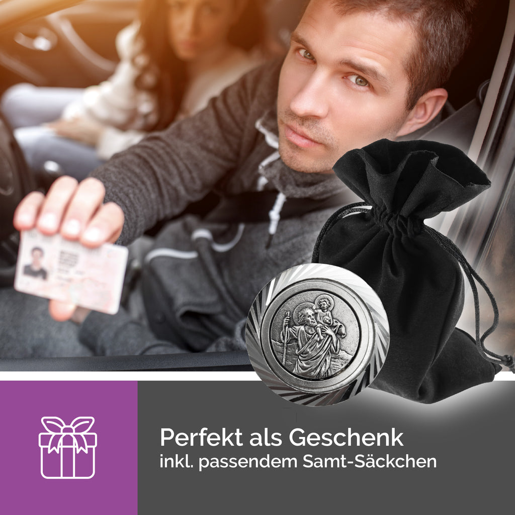 Christophorus Auto Plakette Ø 3,5 cm – Mit Zierrahmen, Magnet & Samtsäckchen