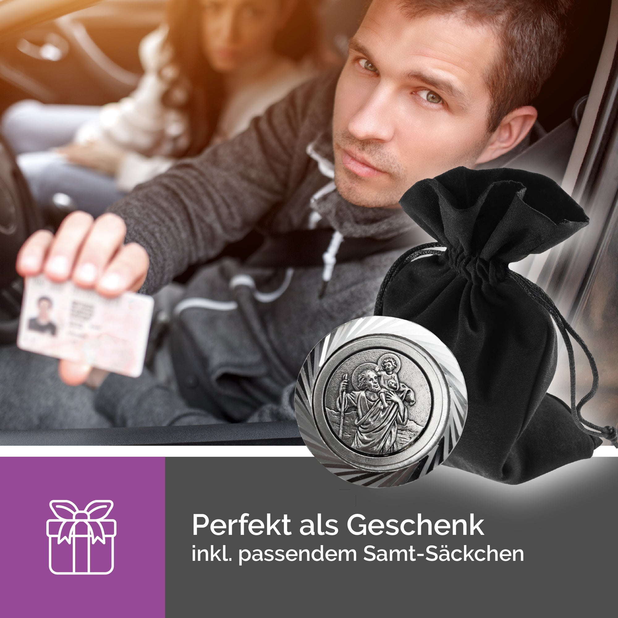 Christophorus Auto Plakette Ø 3,5 cm – Mit Zierrahmen, Magnet & Samtsäckchen