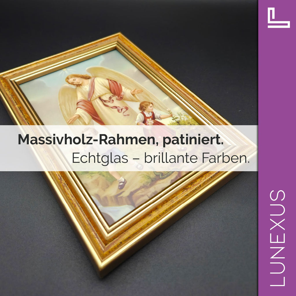 Schutzengelbild 12×17 cm – Motiv „Engel schützt Kinder vor Schlange“ - LUNEXUS