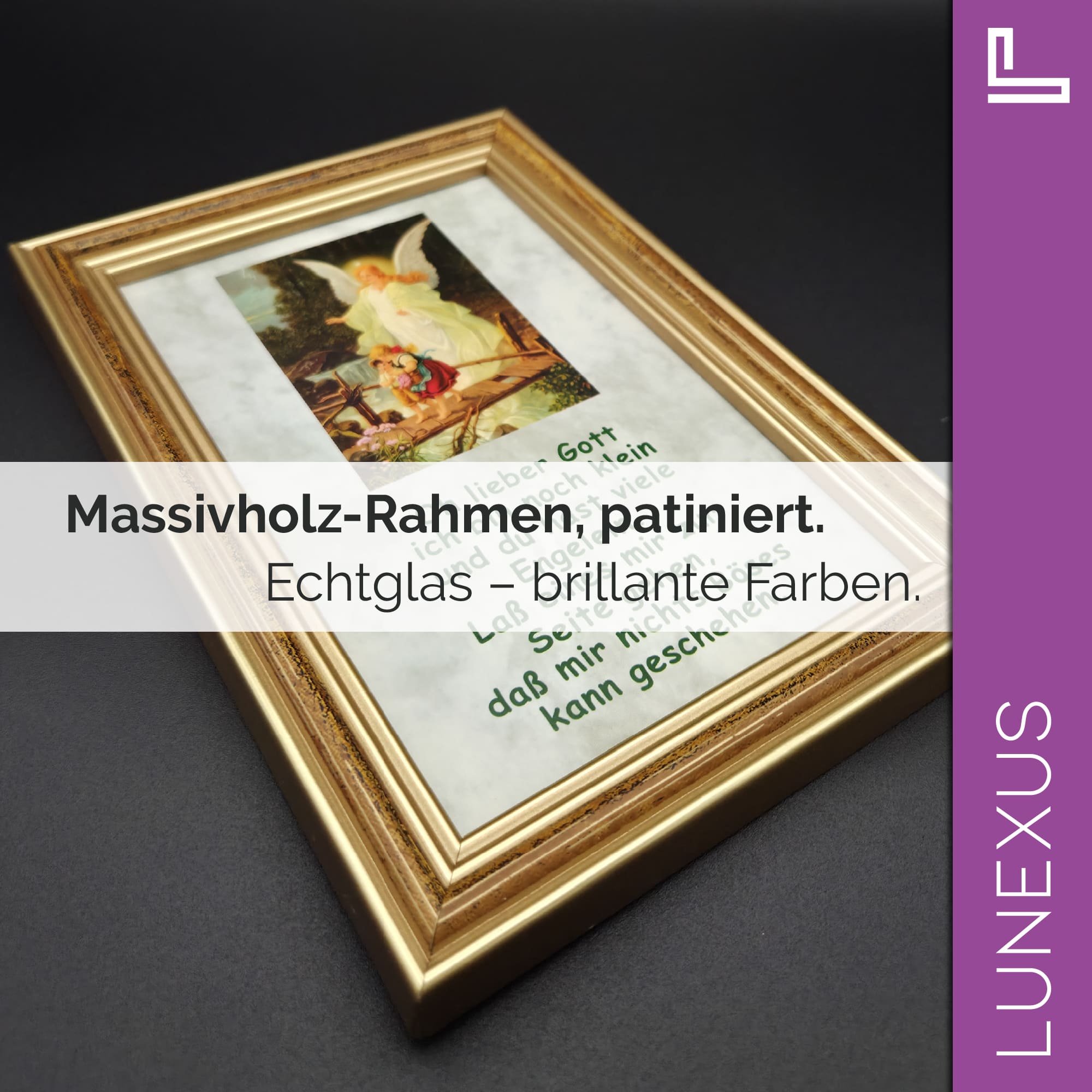 Schutzengelbild 12×17 cm – Motiv „Engel führt Kinder über Brücke + Kindergebet“ - LUNEXUS