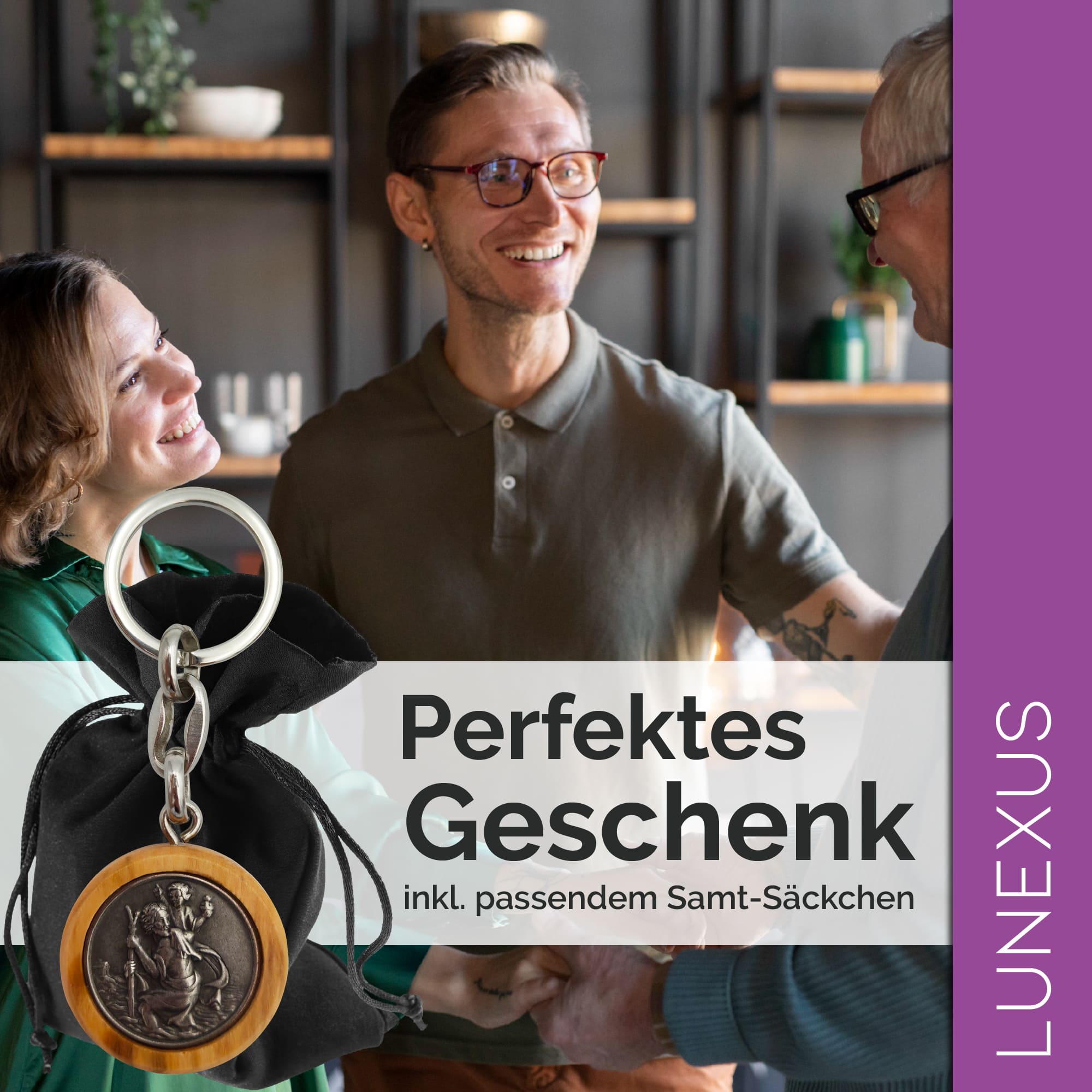 Christopherus Schlüsselanhänger 8,5 cm – Olivenholz & Metal - LUNEXUS