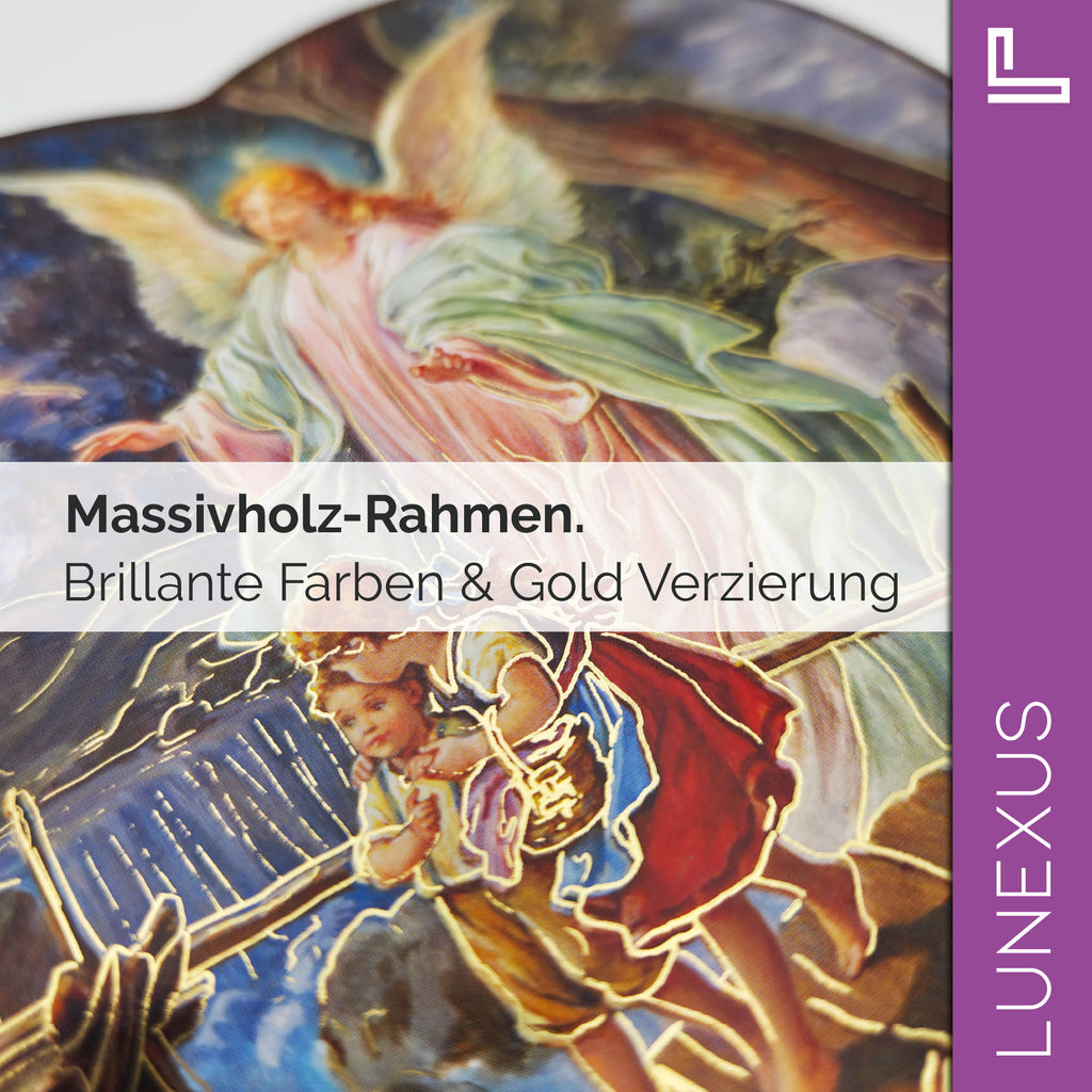 Schutzengelbild Herzform 14×15,5 cm – Engel führt Kinder über Brücke - LUNEXUS