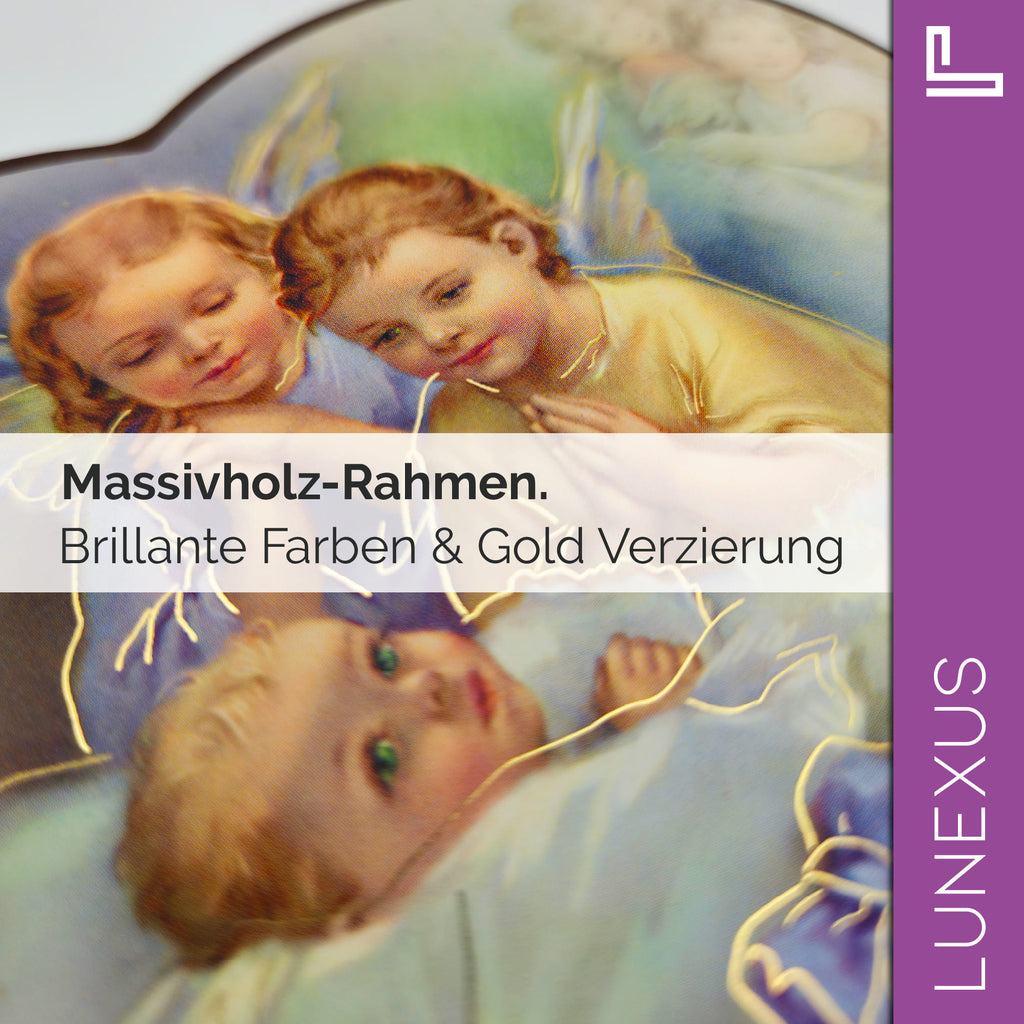 Schutzengelbild Herzform 14×15,5 cm – Zwei Engel über schlafendem Baby - LUNEXUS