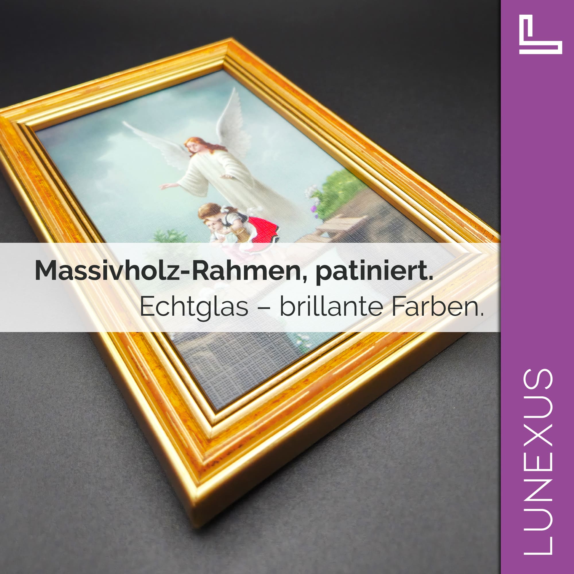 Schutzengelbild 12×17 cm – Motiv „Engel behütet zwei Mädchen auf Brücke“ - LUNEXUS