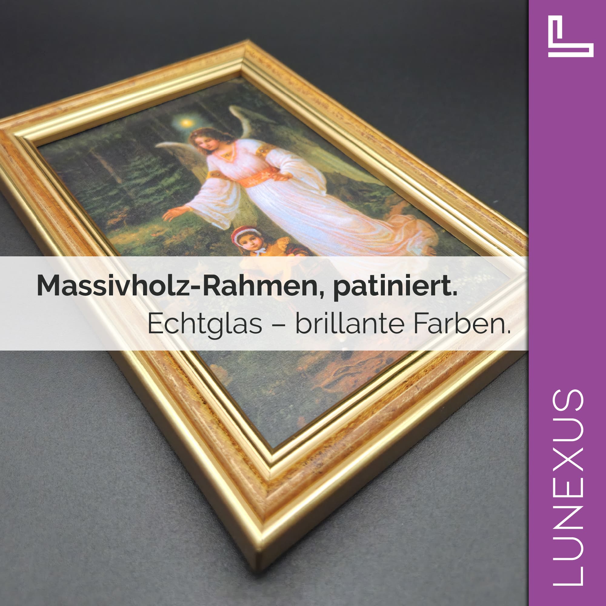 Schutzengelbild 12×17 cm – Motiv „Engel begleitet Kind durch dunklen Wald“ - LUNEXUS