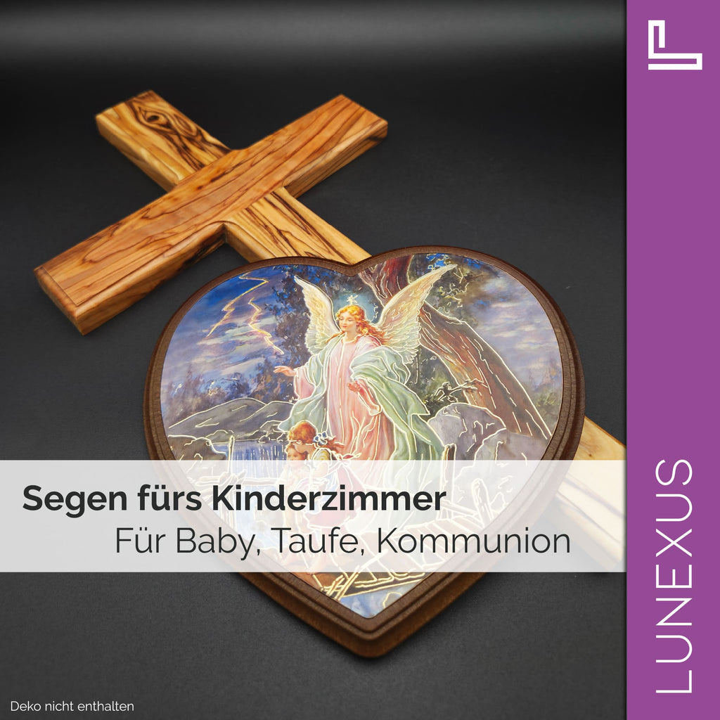Schutzengelbild Herzform 14×15,5 cm – Engel führt Kinder über Brücke - LUNEXUS