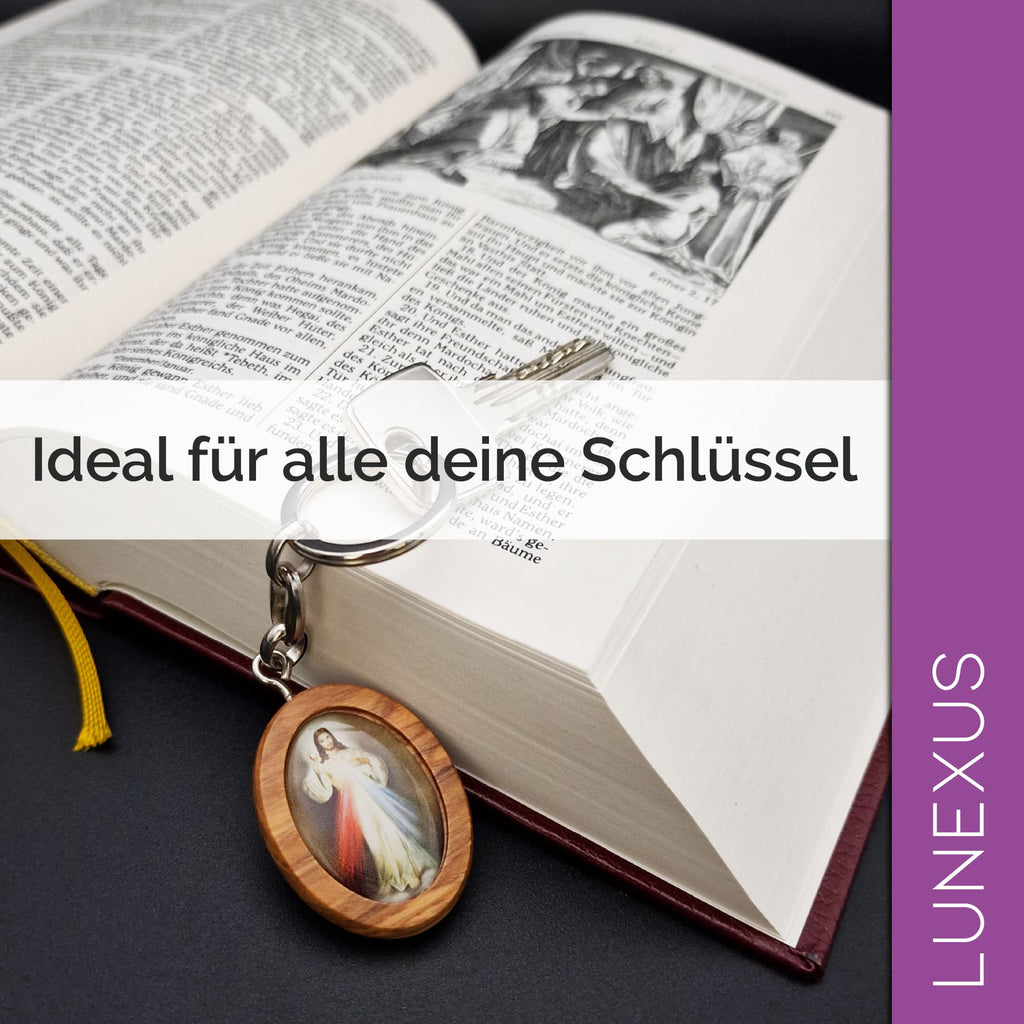 Schlüsselanhänger Barmherziger Jesus, Olivenholz - LUNEXUS