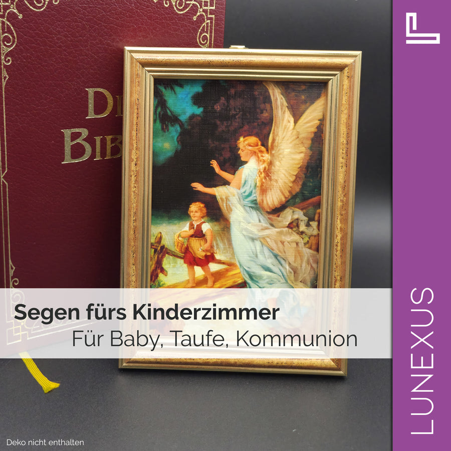 Image d'ange gardien 12×17 cm – motif « L'ange guide un enfant sur un pont » - LUNEXUS