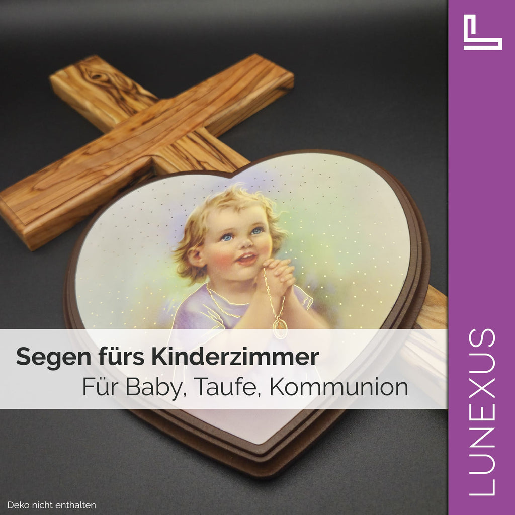 Schutzengelbild Herzform 14×15,5 cm – betendes Kind mit Rosenkranz - LUNEXUS