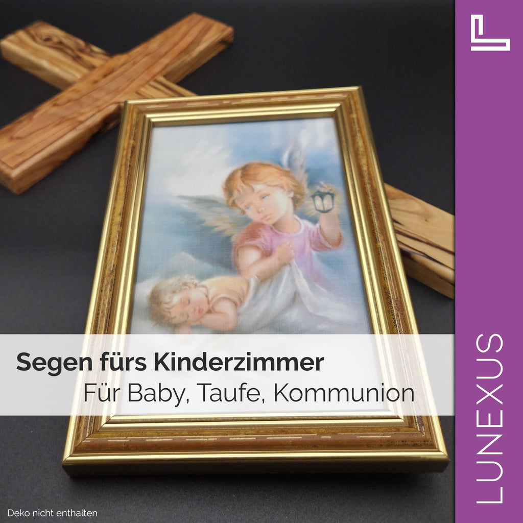 Schutzengelbild 12×17 cm – Motiv „Engel mit Laterne schützt schlafendes Baby“ - LUNEXUS