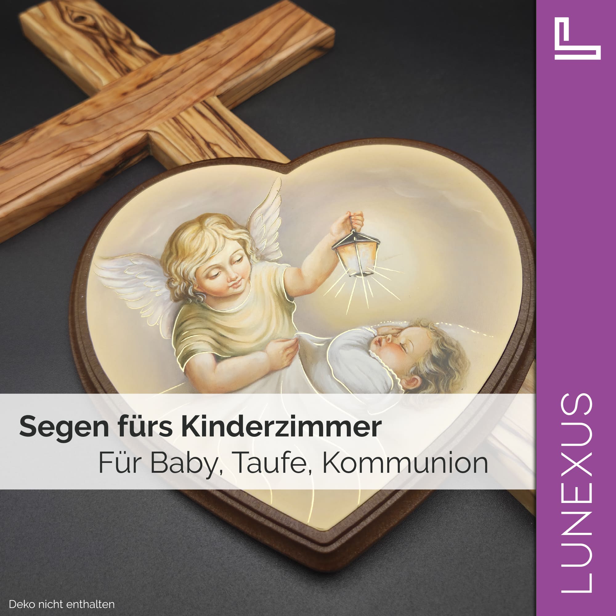 Schutzengelbild Herzform 14x15,5 cm – Engel mit Laterne über schlafendem Kind - LUNEXUS