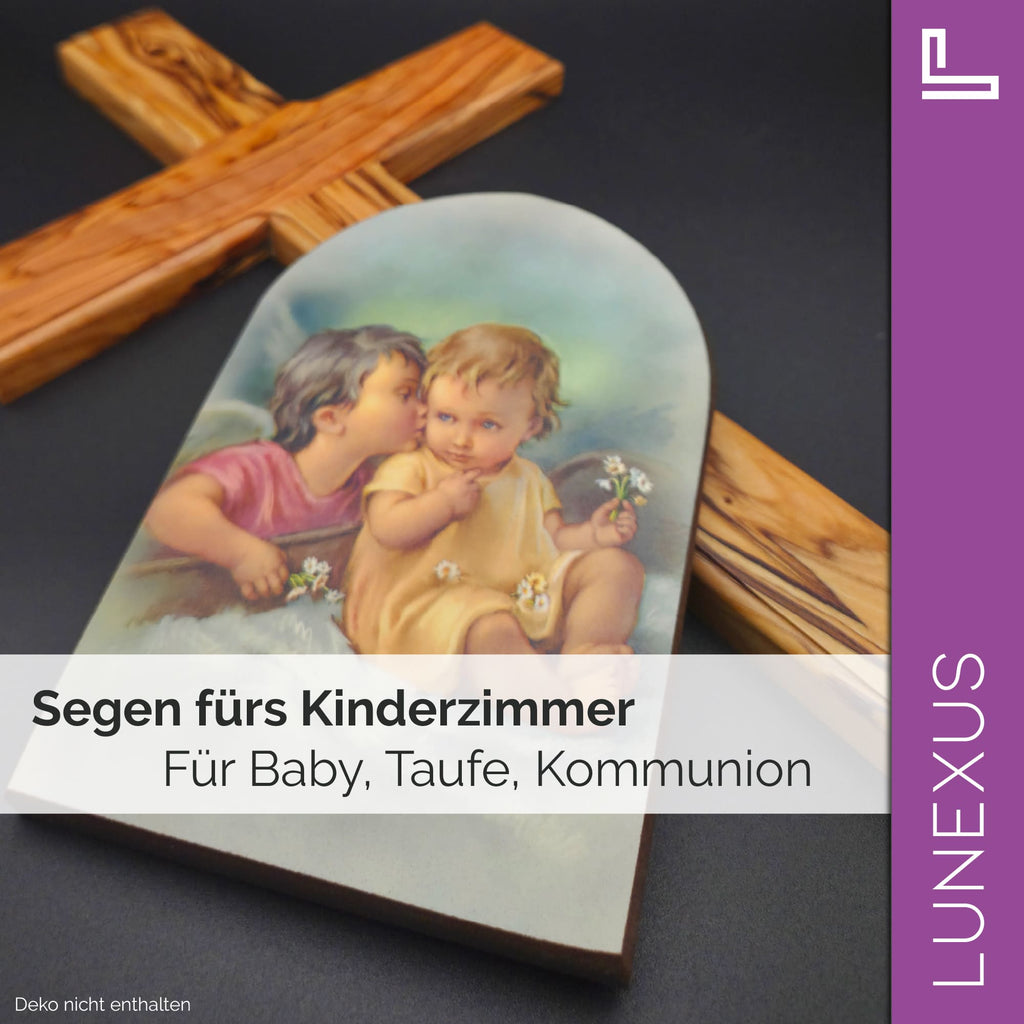 Schutzengelbild 13,5×8,5 cm – Engelkinder mit Gänseblümchen - LUNEXUS