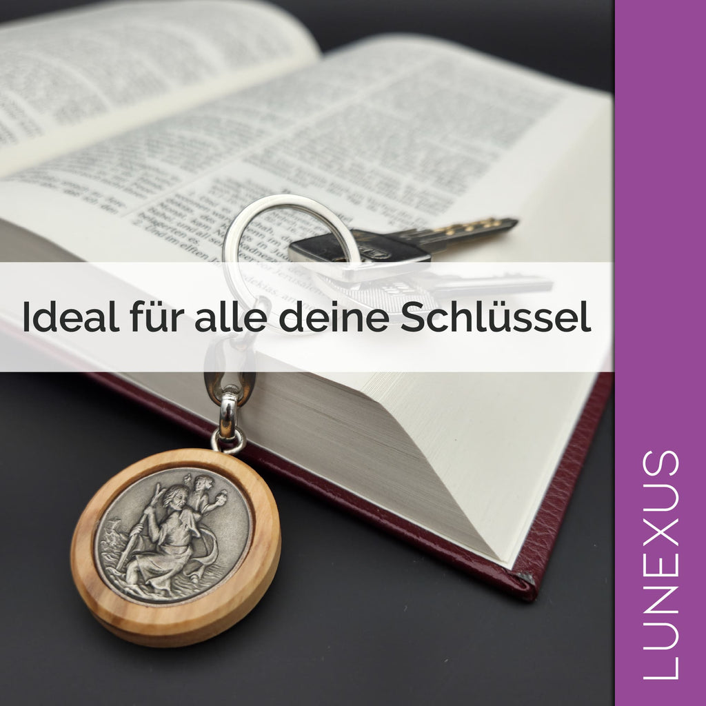 Christopherus Schlüsselanhänger 8,5 cm – Olivenholz & Metal - LUNEXUS