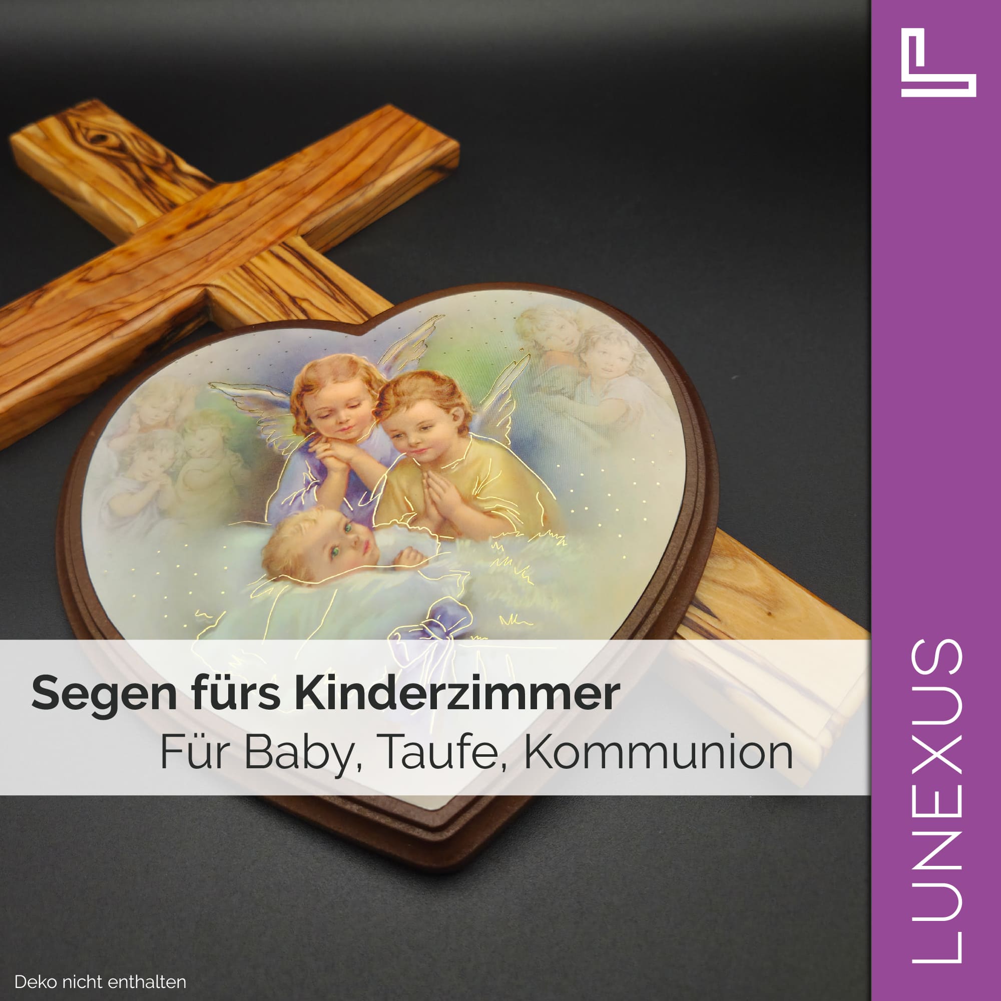 Schutzengelbild Herzform 14×15,5 cm – Zwei Engel über schlafendem Baby - LUNEXUS