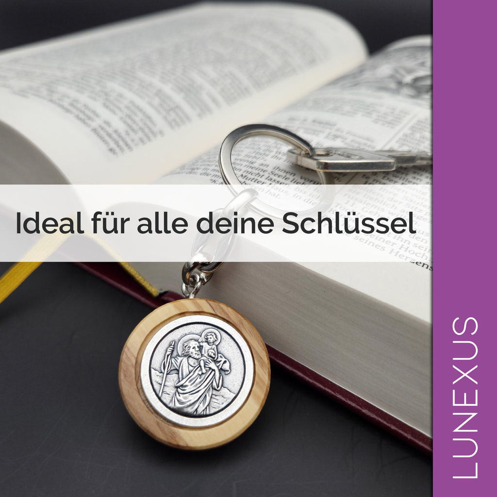 Christopherus Schlüsselanhänger 9 cm – Olivenholz & Silber