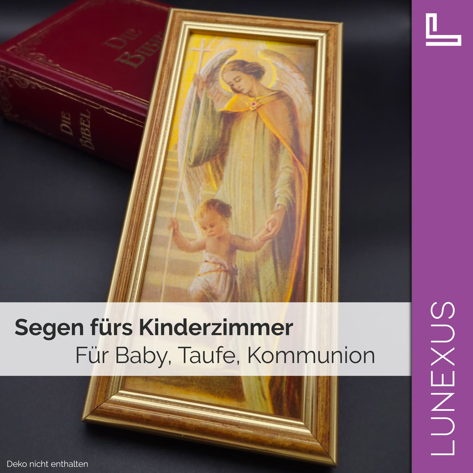 Schutzengelbild 25×12 cm – Engel führt Kind die Treppe hinauf - LUNEXUS