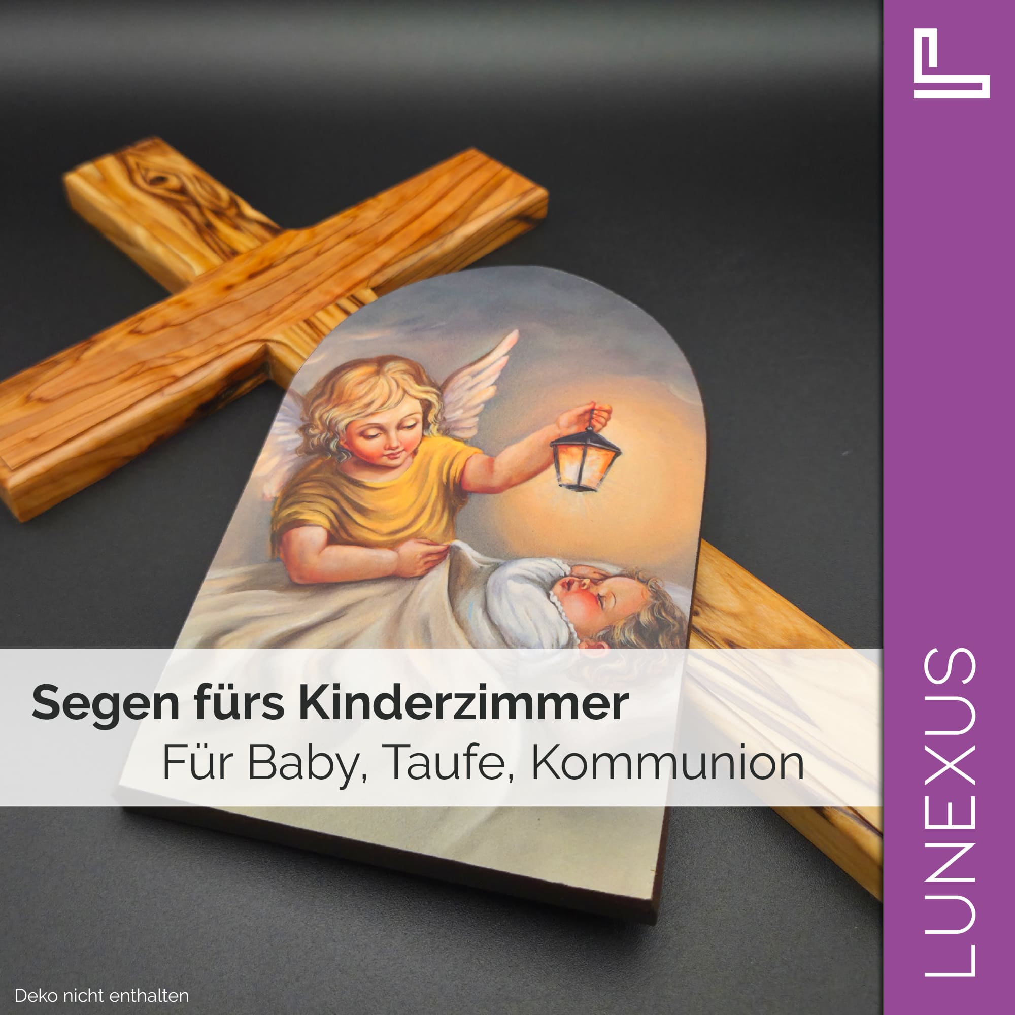 Schutzengelbild 13,5×8,5 cm – Engel mit Laterne über Kind - LUNEXUS