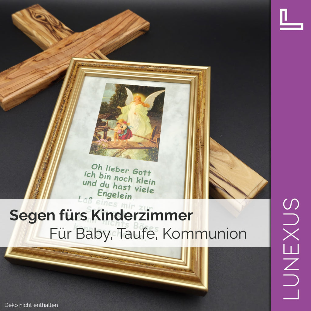 Schutzengelbild 12×17 cm – Motiv „Engel führt Kinder über Brücke + Kindergebet“ - LUNEXUS