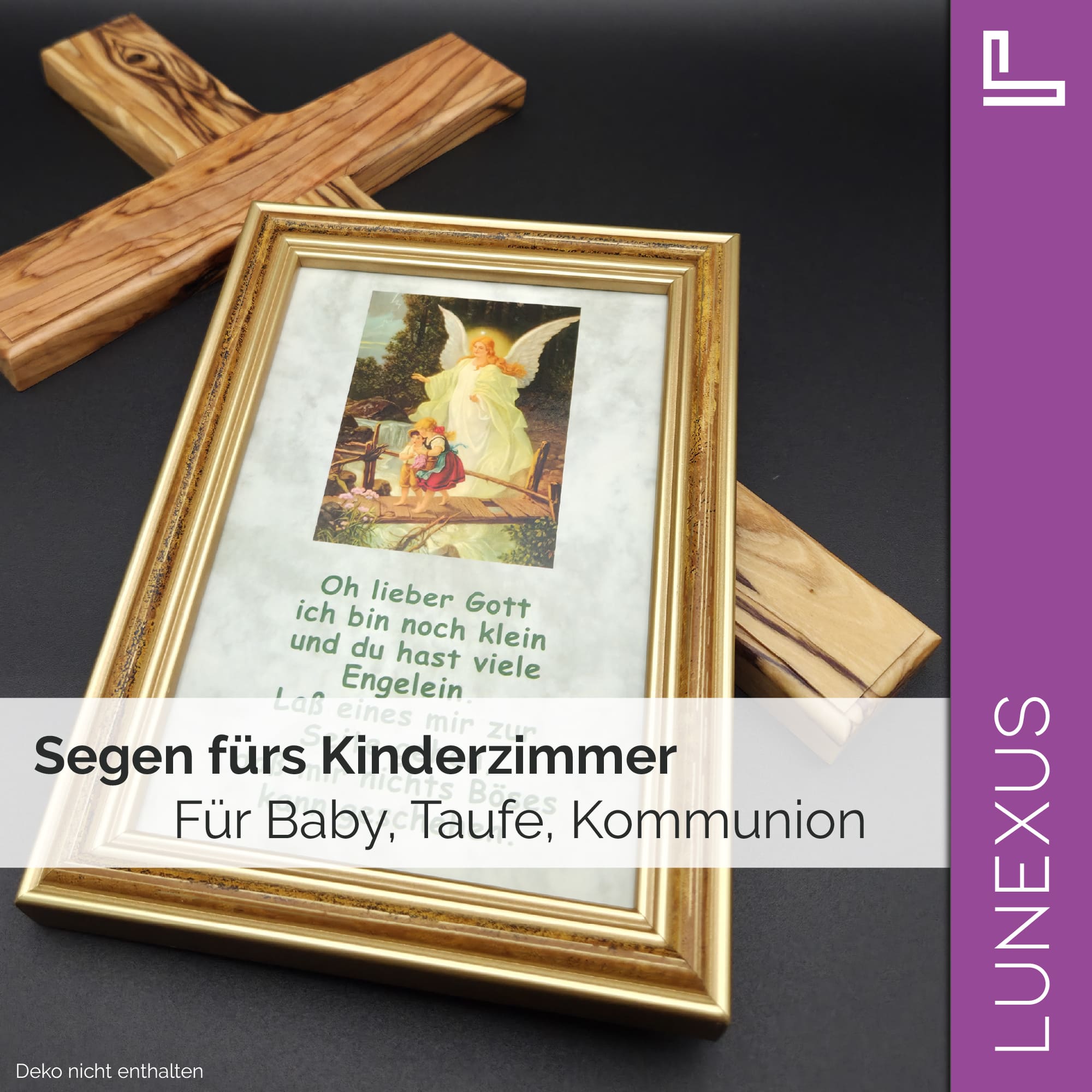 Schutzengelbild 12×17 cm – Motiv „Engel führt Kinder über Brücke + Kindergebet“ - LUNEXUS
